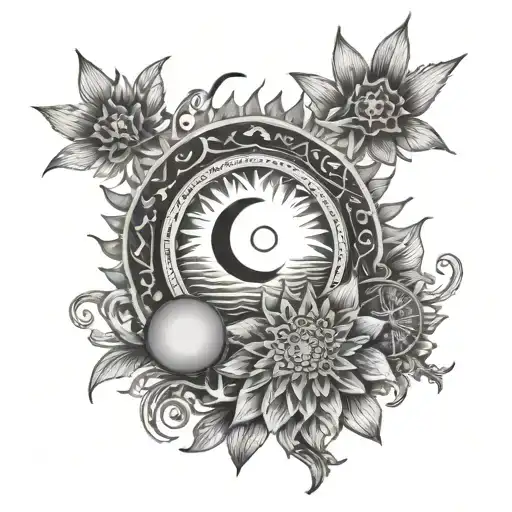 spine tattoo with ocean, sun, moon and mandala  tattoo design idea