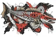 walleye skeleton flag intertwined tattoo design idea