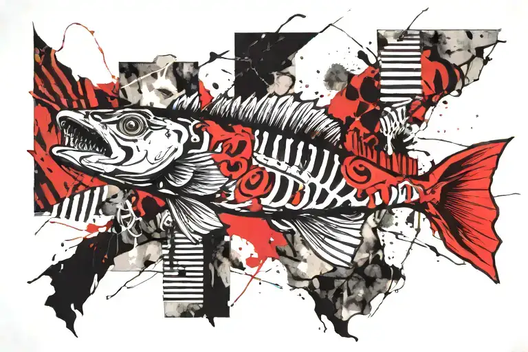 walleye skeleton flag intertwined tattoo design idea