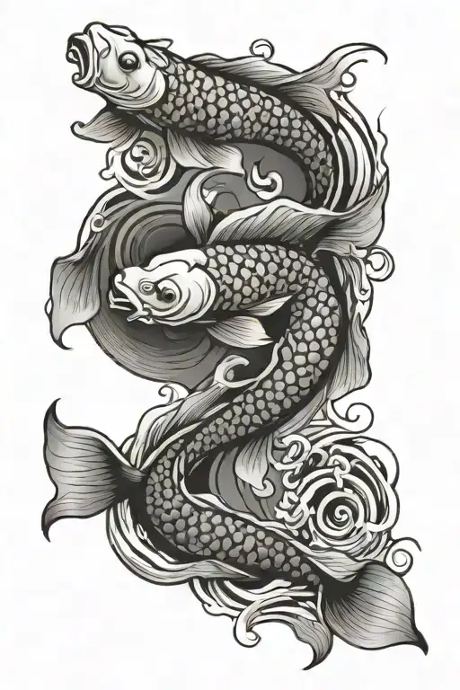 koi fish with waves and 3 Chinese symbol going vertical tattoo design idea
