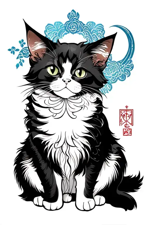 turkish angora cat with Aquarius sign in japanese style tattoo design idea
