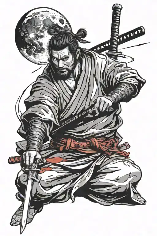 realistic ronin holds a katana sword red moon in the background tattoo design idea