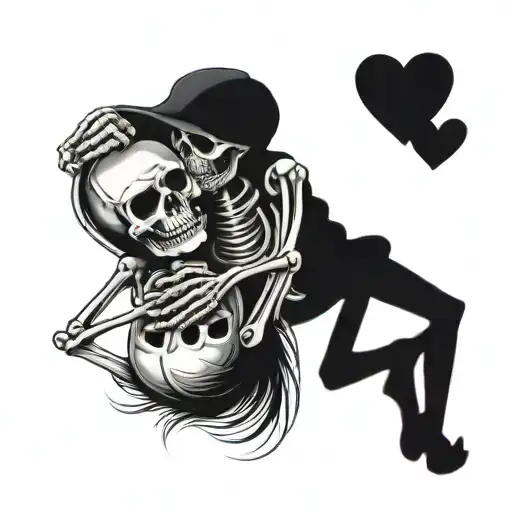two skeletons in love are floating in the air looking at each other, one is hanging upside down and the other is just ha tattoo design idea