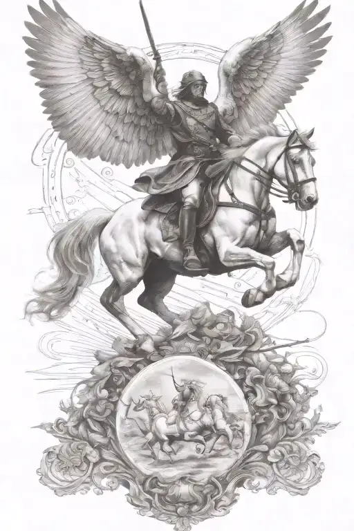 angel ride horse galloping through the war scene tattoo design idea