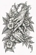 create a tattoo of the creation of Adam hands with vines and flowers and the quote "the harder the rain honey, the sweet tattoo design idea