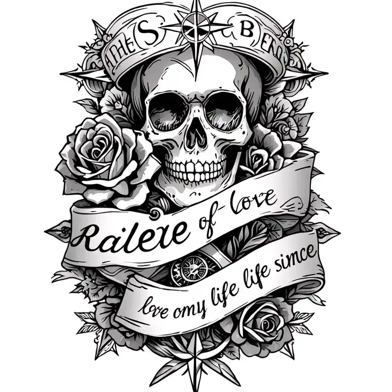 "Raileen love of my life since " filigree design with stars, compass and roses wrap text and have some little auger skull tattoo design idea