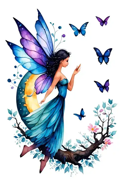 flying fairy, with a tree, birds, butterflies, crescent moon in background tattoo design idea