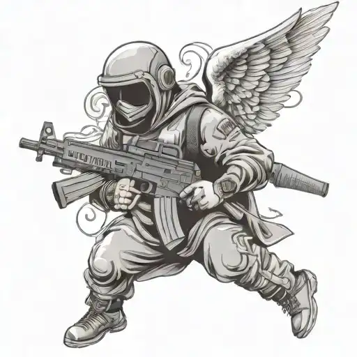 angel holding ak47 wearing ski mask tattoo design idea