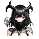 Anime, ninja mask girl, gotic style, short hair with bangs, red eyes and horns tattoo design idea