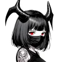 Anime, ninja mask girl, gotic style, short hair with bangs, red eyes and horns tattoo design idea