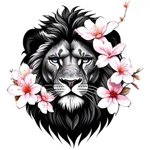 lion face with 5 cherry blossom flowers tattoo design idea