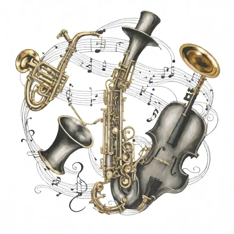 Treble clef trumpet piano saxophone tattoo design idea
