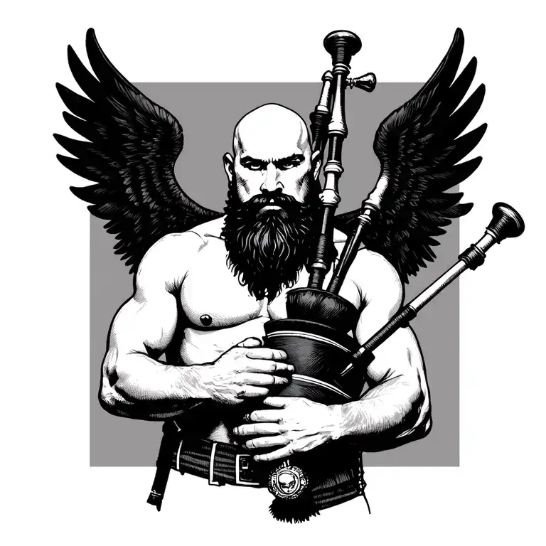scottish bagpiper bald black beard  muscular wearing pipes in arm big black wings shirtless tattoo calm face tattoo design idea