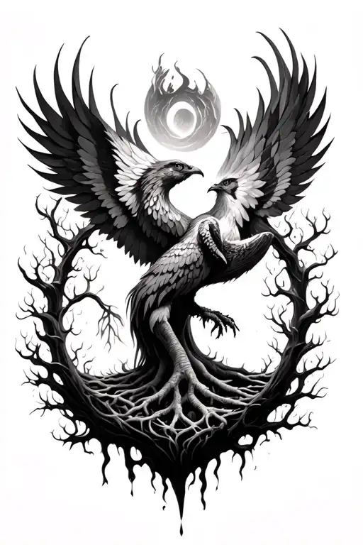 tree of life and Phoenix rising from ashes tattoo design idea