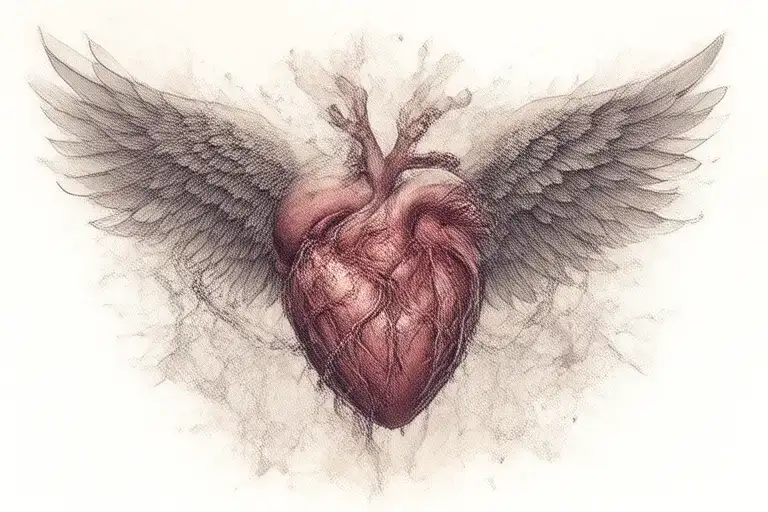 an anatomical heart with wings breaking free from chains symbolising freedom flying away from broken chains tattoo design idea