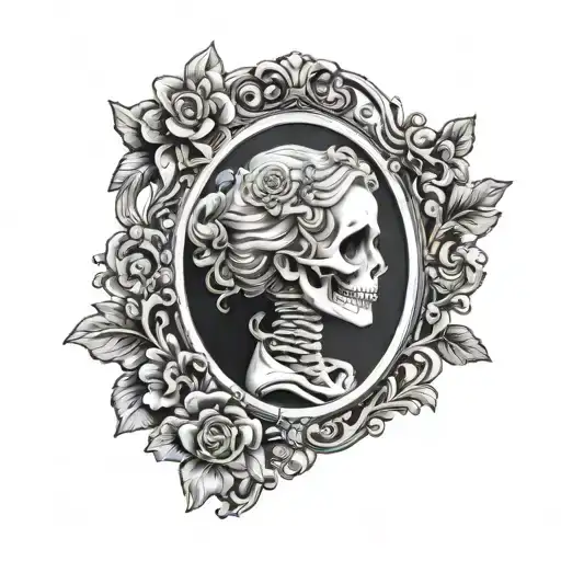 female skeleton cameo with Victorian frame tattoo design idea
