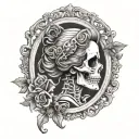 female skeleton cameo with Victorian frame tattoo design idea