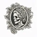 female skeleton cameo with Victorian frame tattoo design idea