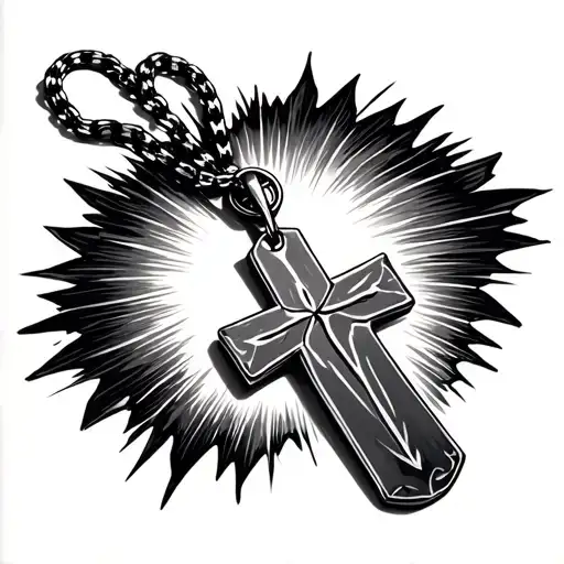 A cross standing up with a mens necklace around it like its wearing it, with a blank dogtag pendant. necklace is small tattoo design idea