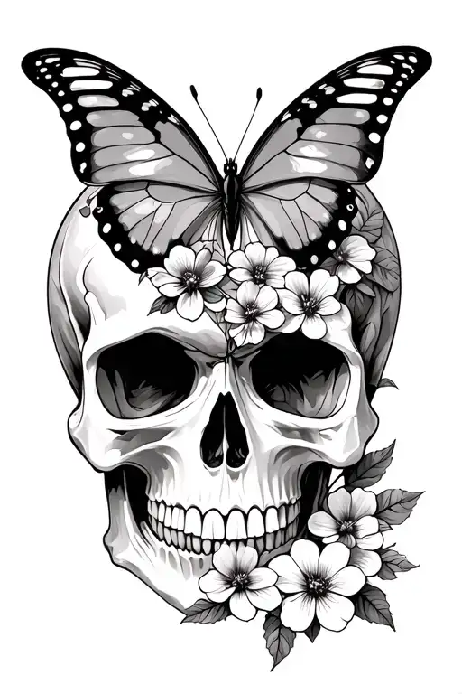 half skull half butterfly with flowers tattoo design idea