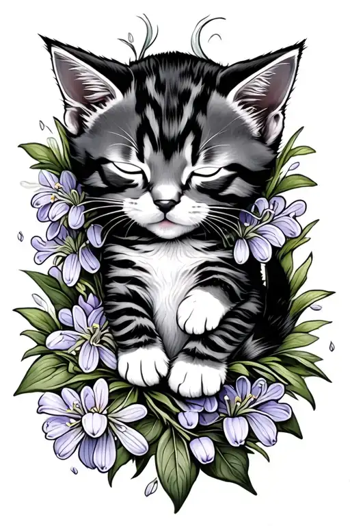 Cartoon kitten sleeping in a bed of flowers lilly of the valley and lilacs tattoo design idea