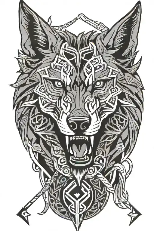 angry fenrir with runes wrapping, nordic, black and grey, with not allot of black tattoo design idea