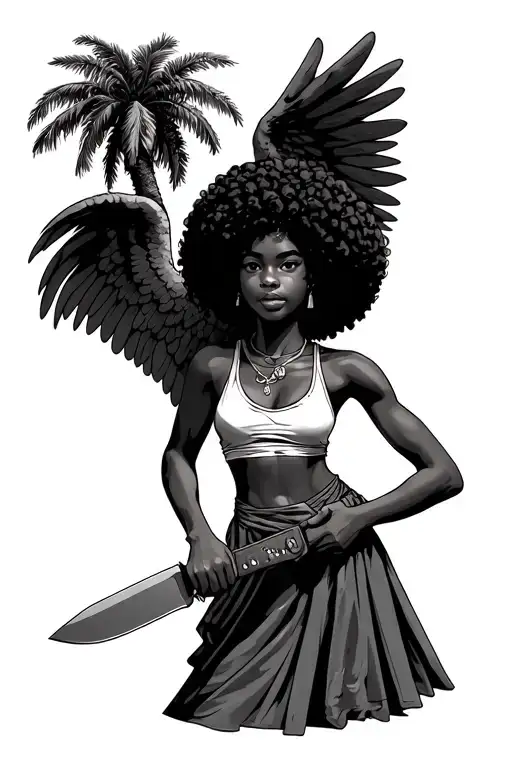 palm tree guardian angel Afro hair girl holding machete tattoo design idea