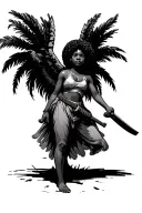 palm tree guardian angel Afro hair girl holding machete tattoo design idea