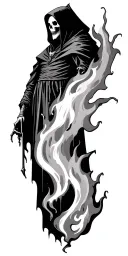 Hooded Reaper Silohuette, Smoke, Fire, Scary, Bat Wings tattoo design idea