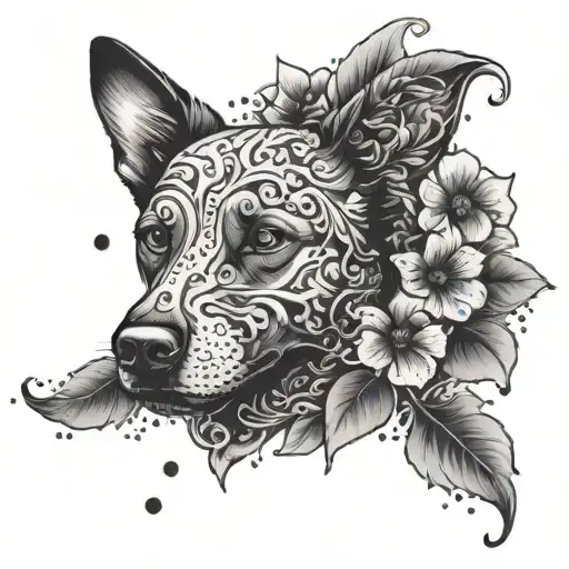An intricate tattoo of a dog swimming in a pool of flowers, symbolizing the freedom and beauty of nature tattoo design idea