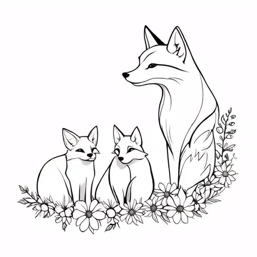 Renard mom with two fox babies and flowers tattoo design idea