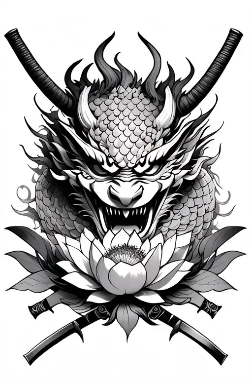 oni mask surrounded by dragon scales with lotus flower and katanas as accent tattoo design idea