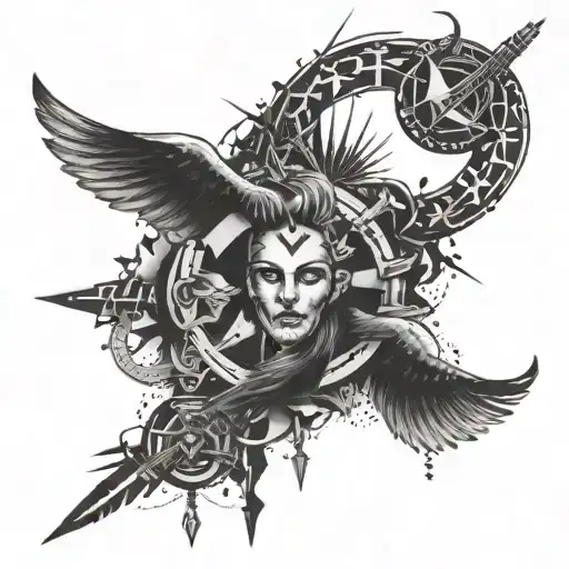 A punk rock inspired sleeve tattoo featuring various symbols of rebellion and freedom tattoo design idea
