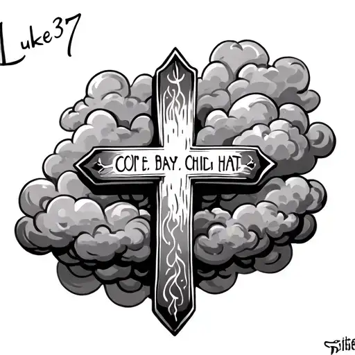 cross with cloud background surrounded by text saying Luke 1:37 tattoo design idea