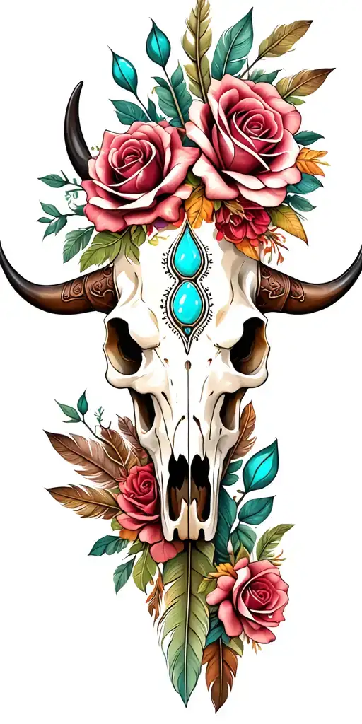 bull skull with turquoise tooled leather cacti feathers and roses tattoo design idea
