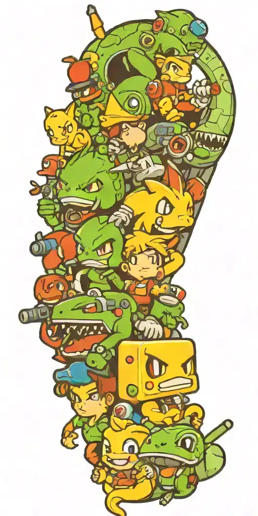 A new-school tattoo featuring a mashup of different video game characters tattoo design idea
