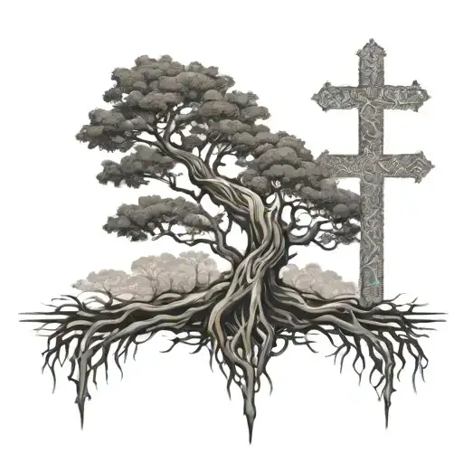 A family tree with roots reaching to a cross tattoo design idea