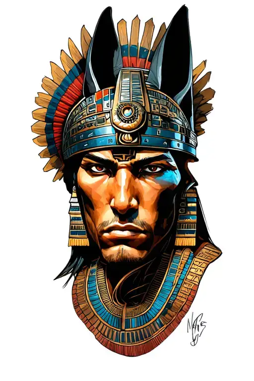 Aztec Warrior With Technology With Egyptian God Anubis, Inka Symbolism, All Seing Eye tattoo design idea
