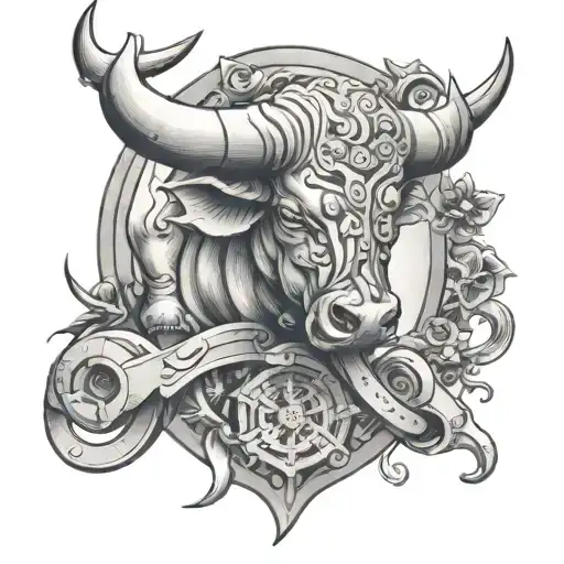 Simetrical Taurus bull with tools for plumbing  tattoo design idea