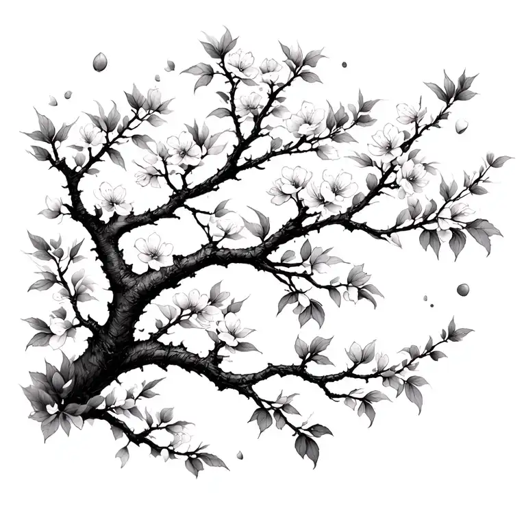 cherry blossom tree branches with leaves falling  tattoo design idea
