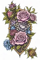 purple heather, English rose, thistle, blue cornflower, daisy, shield maiden tattoo design idea