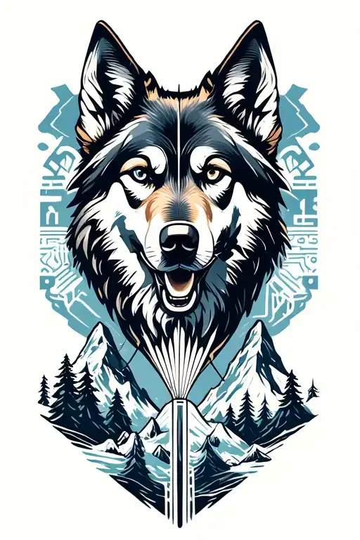 All the right arm. Mountain, paragliding, wolf dog, hieroglyph, gear, steampunk, riceieres, waterfalls tattoo design idea