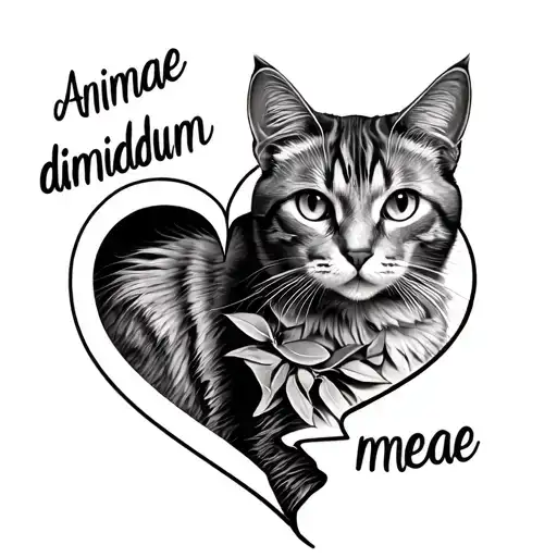 "Animae dimidium meae " half a broken heart that's border says "animae dimidium meae" and sage inside next to cat portrait  tattoo design idea