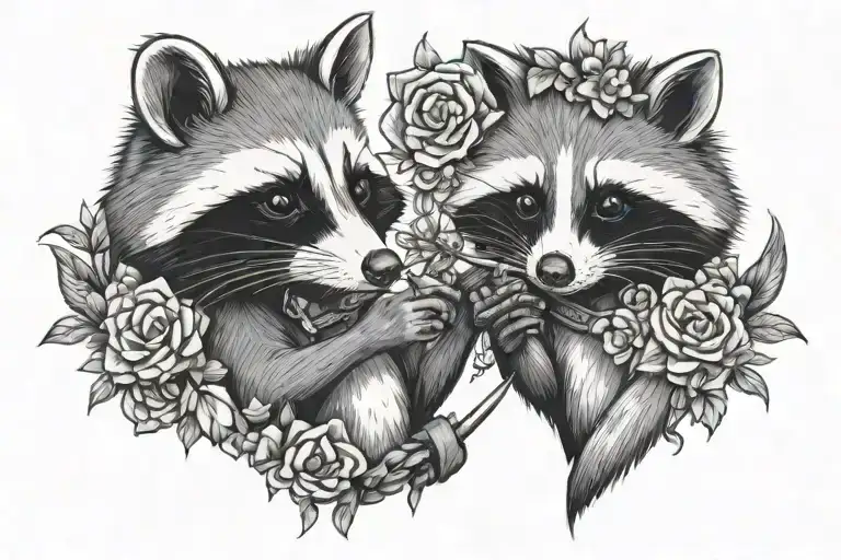 girly best friends  opossum and raccoon holding cigarettes with flowers  tattoo design idea