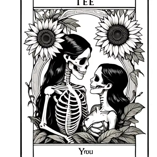 lamoreaux tarot card with skeleton lovers and sunflowers on edge tattoo design idea