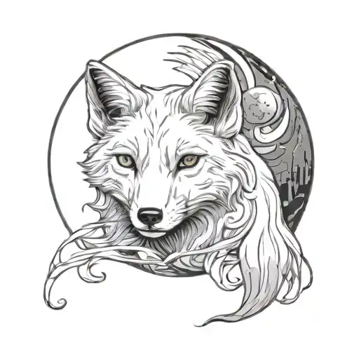 white fox in moon surrounded tattoo design idea