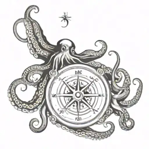 Whole Octopus and Old compass surrounded by tentacles tattoo design idea