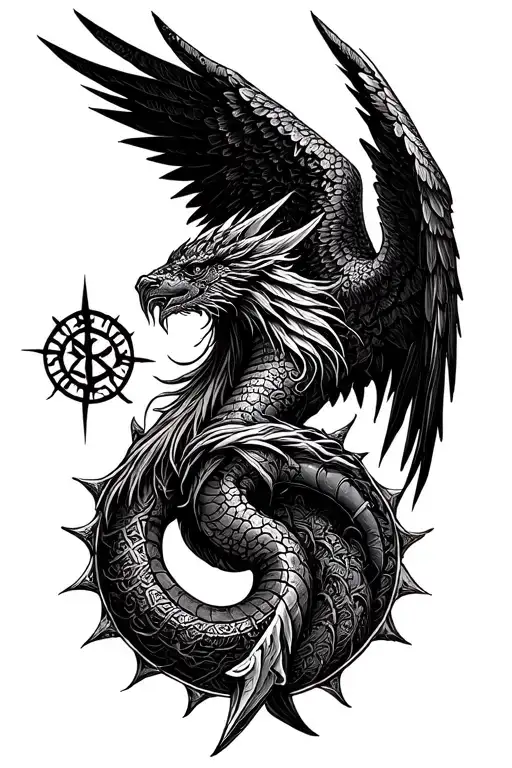 jormungandr with vegvisir Rune design featuring Valkyrie wings tattoo design idea