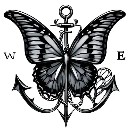 anchor with a compass butterfly  tattoo design idea