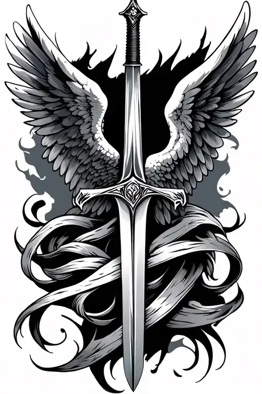 sword and angel wings tattoo design idea